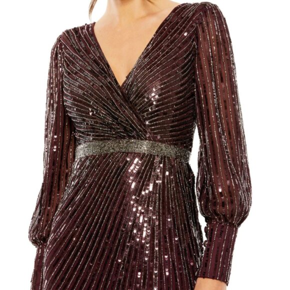 MAC DUGGAL 5501 SEQUINED WRAP OVER BISHOP SLEEVE BLACKBERRY GOWN sz 10 - Picture 2 of 6
